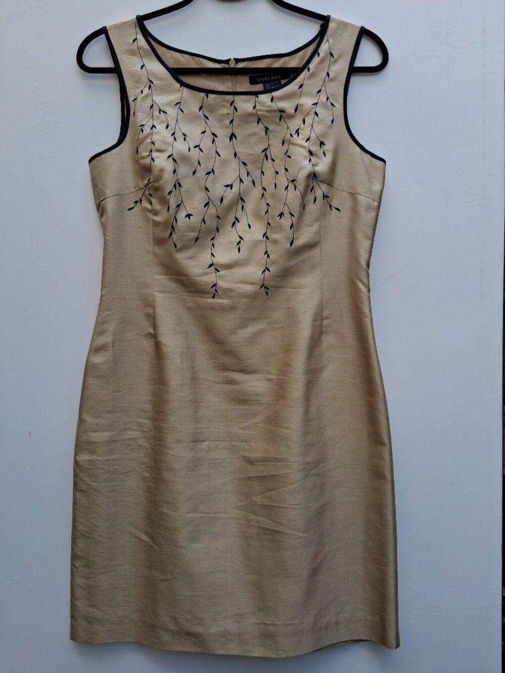 SILKLAND embroidered lined silk sleeveless dress, gold (size 6)